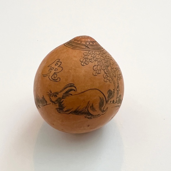 Antique lanzou carved etched gourd Chinese Zodiac year of Rabbit Bunny folk art - Picture 1 of 13